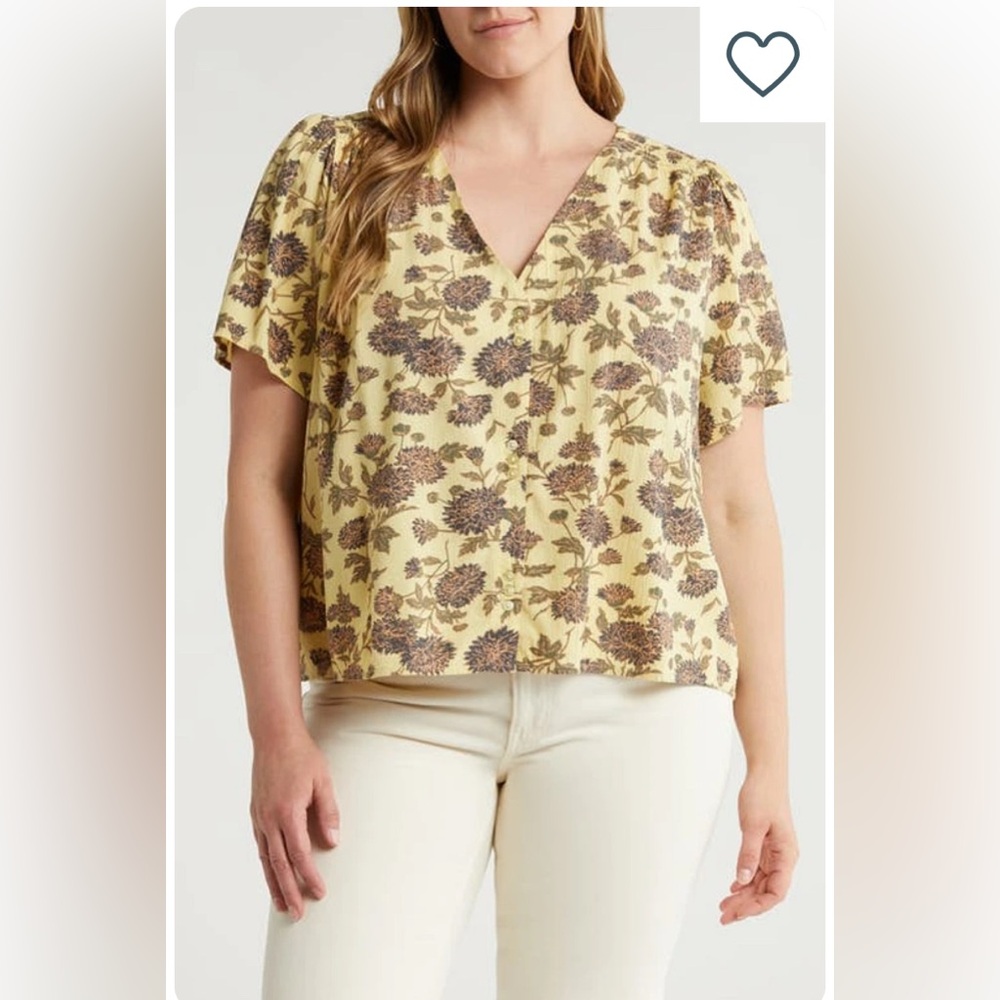 Treasure & Bond Yellow Floral Button-Up Cotton Blend Top Blouse Nordstrom 3X